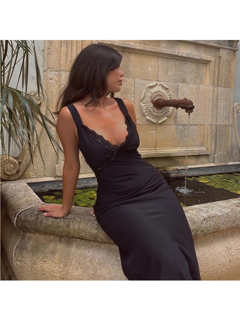 Princess Polly satin black lace sress